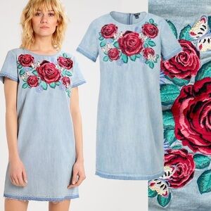 True Religion Floral Embroidered Denim Shirt Dress Chambray Fringe Western Art S